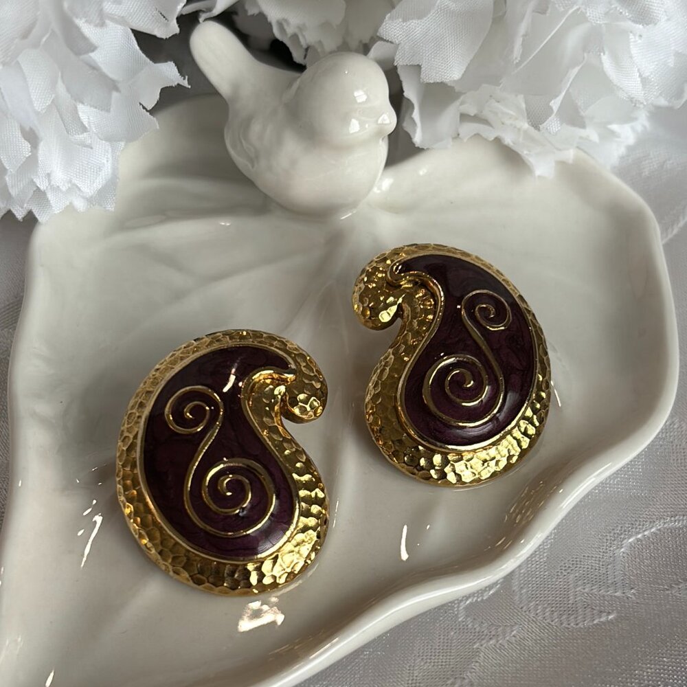 EDGAR BEREBI PAISLEY-STYLE ENAMELED CLIP EARRINGS
